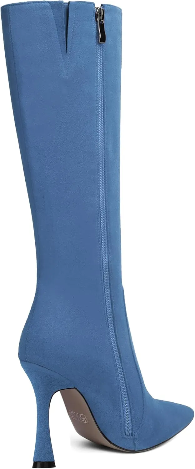 AMBELIGHT Womens Solid Pointed Toe Zip Dating Casual Suede Stiletto High Heel Knee High Boots 4 Inch
