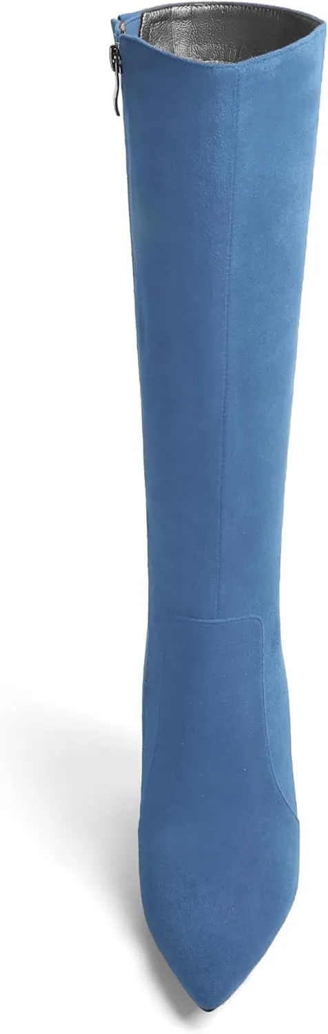 AMBELIGHT Womens Solid Pointed Toe Zip Dating Casual Suede Stiletto High Heel Knee High Boots 4 Inch