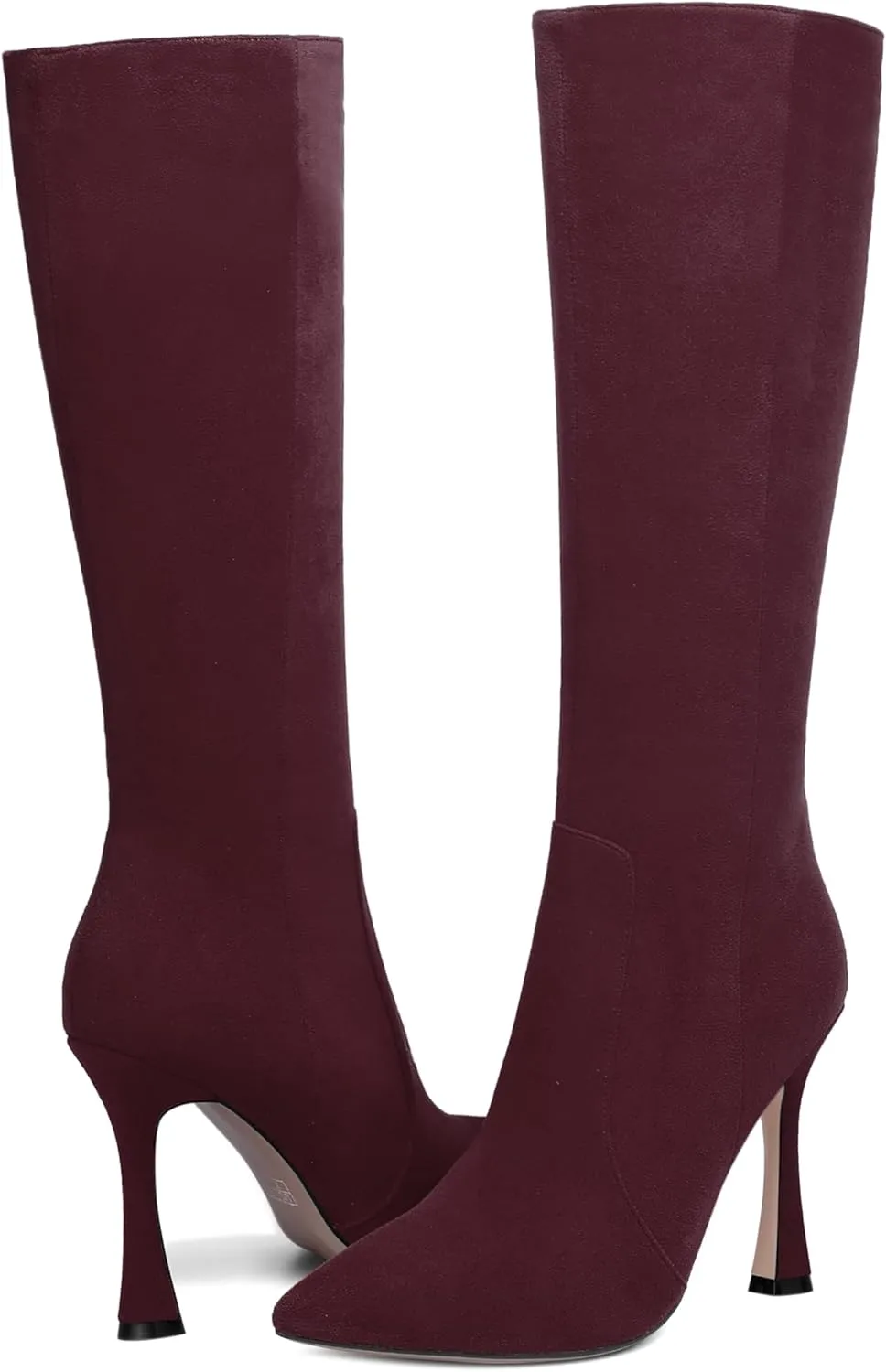 AMBELIGHT Womens Solid Pointed Toe Zip Dating Casual Suede Stiletto High Heel Knee High Boots 4 Inch