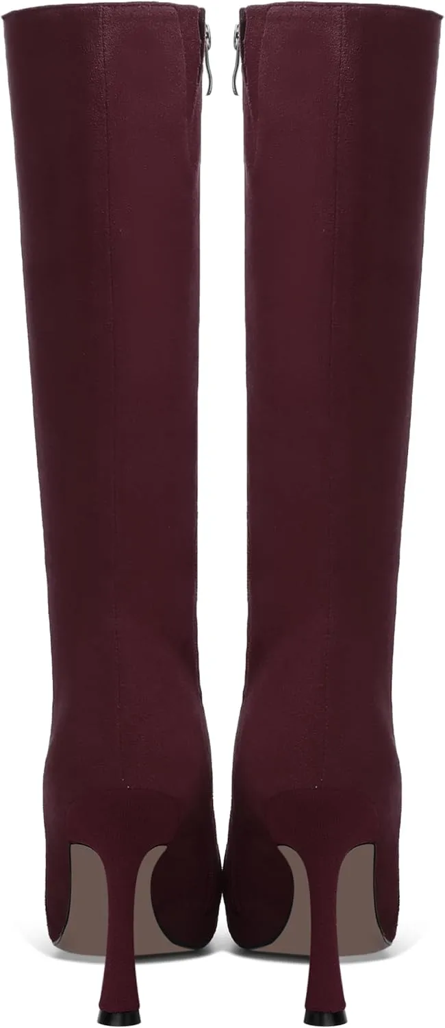 AMBELIGHT Womens Solid Pointed Toe Zip Dating Casual Suede Stiletto High Heel Knee High Boots 4 Inch