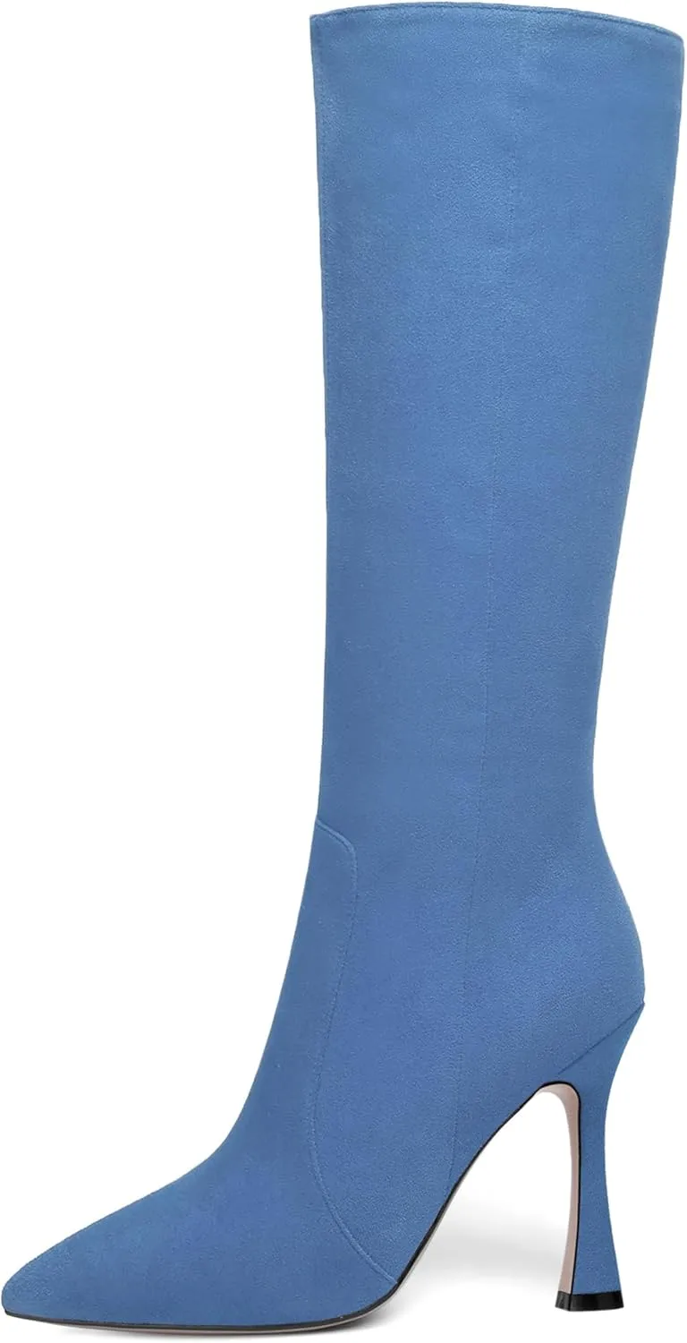 AMBELIGHT Womens Solid Pointed Toe Zip Dating Casual Suede Stiletto High Heel Knee High Boots 4 Inch