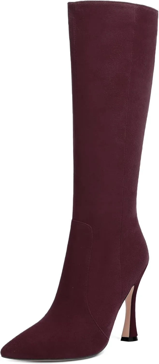 AMBELIGHT Womens Solid Pointed Toe Zip Dating Casual Suede Stiletto High Heel Knee High Boots 4 Inch