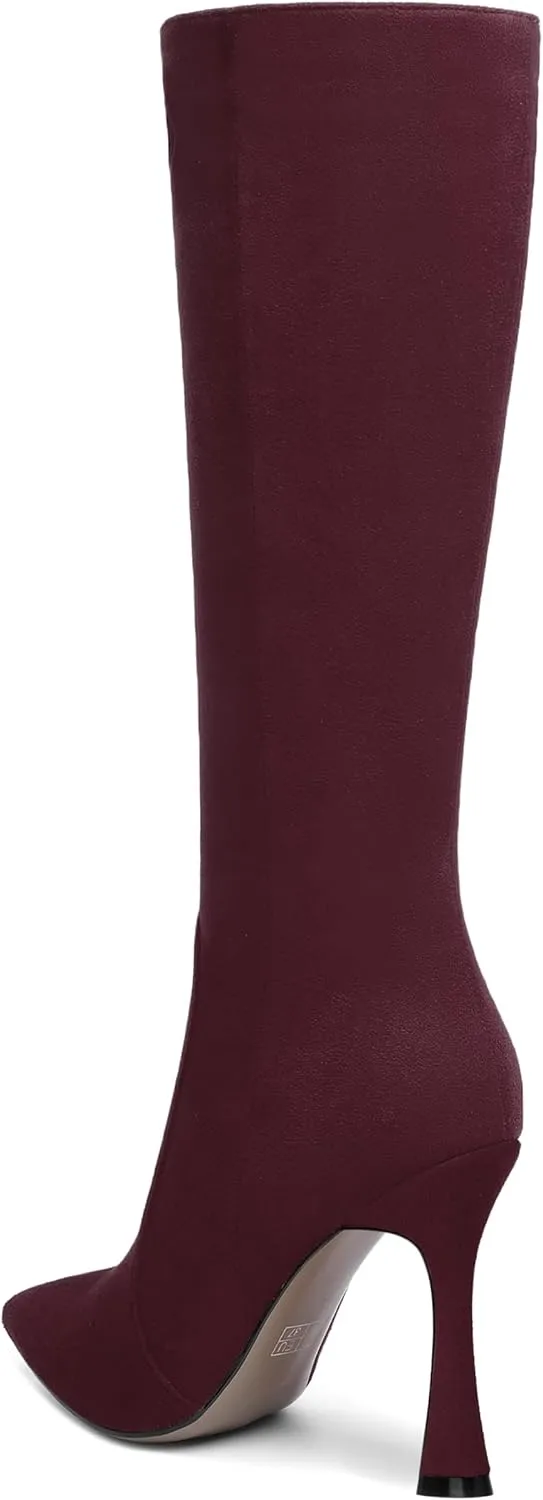 AMBELIGHT Womens Solid Pointed Toe Zip Dating Casual Suede Stiletto High Heel Knee High Boots 4 Inch