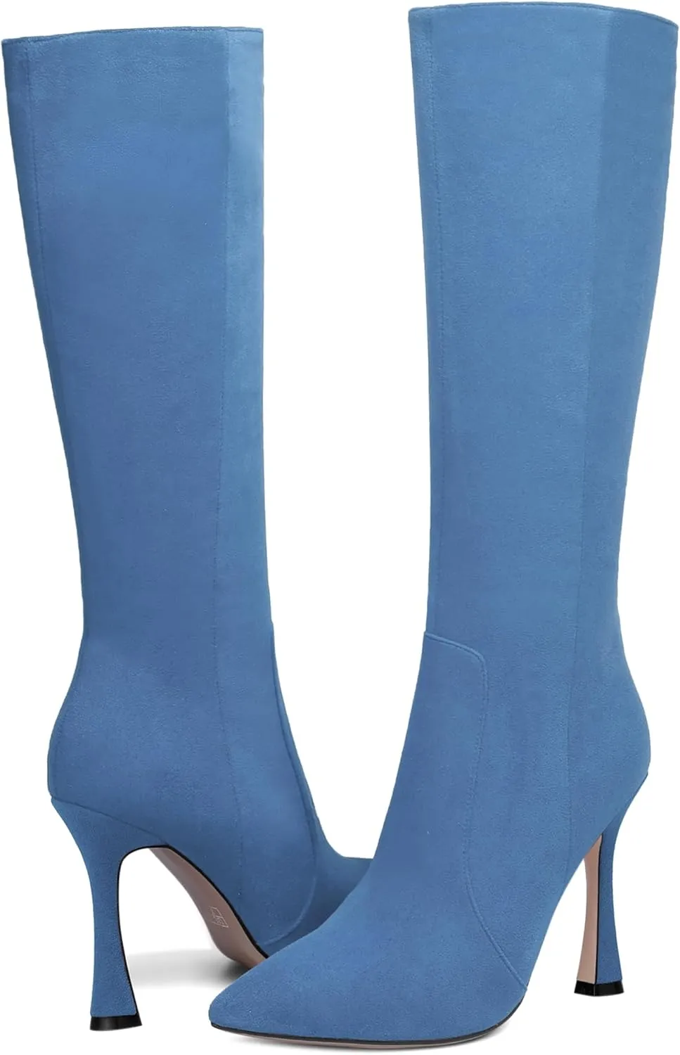 AMBELIGHT Womens Solid Pointed Toe Zip Dating Casual Suede Stiletto High Heel Knee High Boots 4 Inch