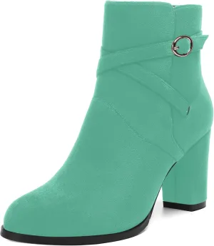 AMBELIGHT Womens Solid Round Toe Casual Buckle Booties Suede Chunky High Heel Ankle High Boots 3.3 Inch