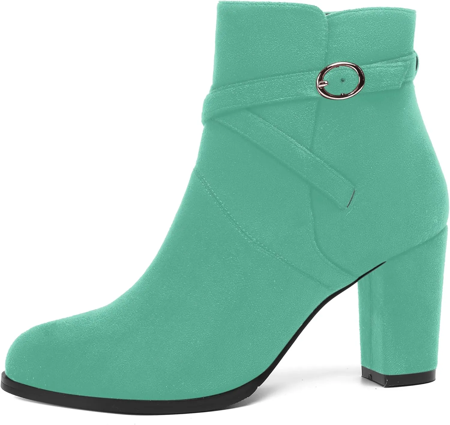 AMBELIGHT Womens Solid Round Toe Casual Buckle Booties Suede Chunky High Heel Ankle High Boots 3.3 Inch
