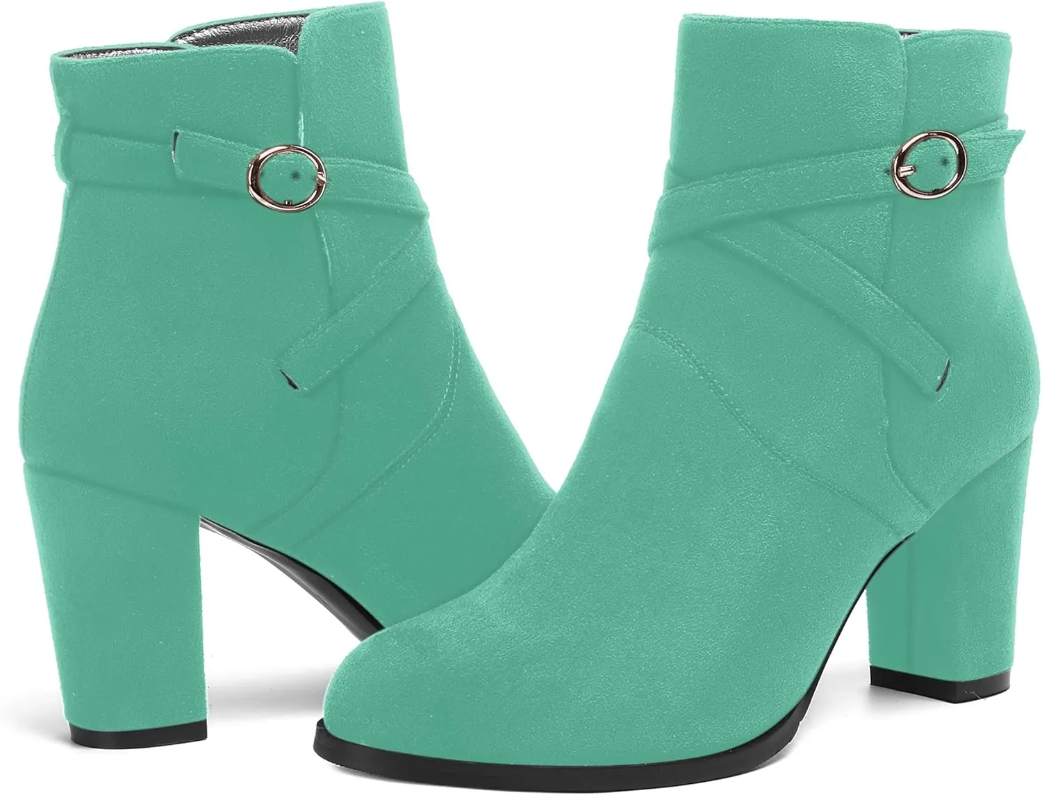 AMBELIGHT Womens Solid Round Toe Casual Buckle Booties Suede Chunky High Heel Ankle High Boots 3.3 Inch