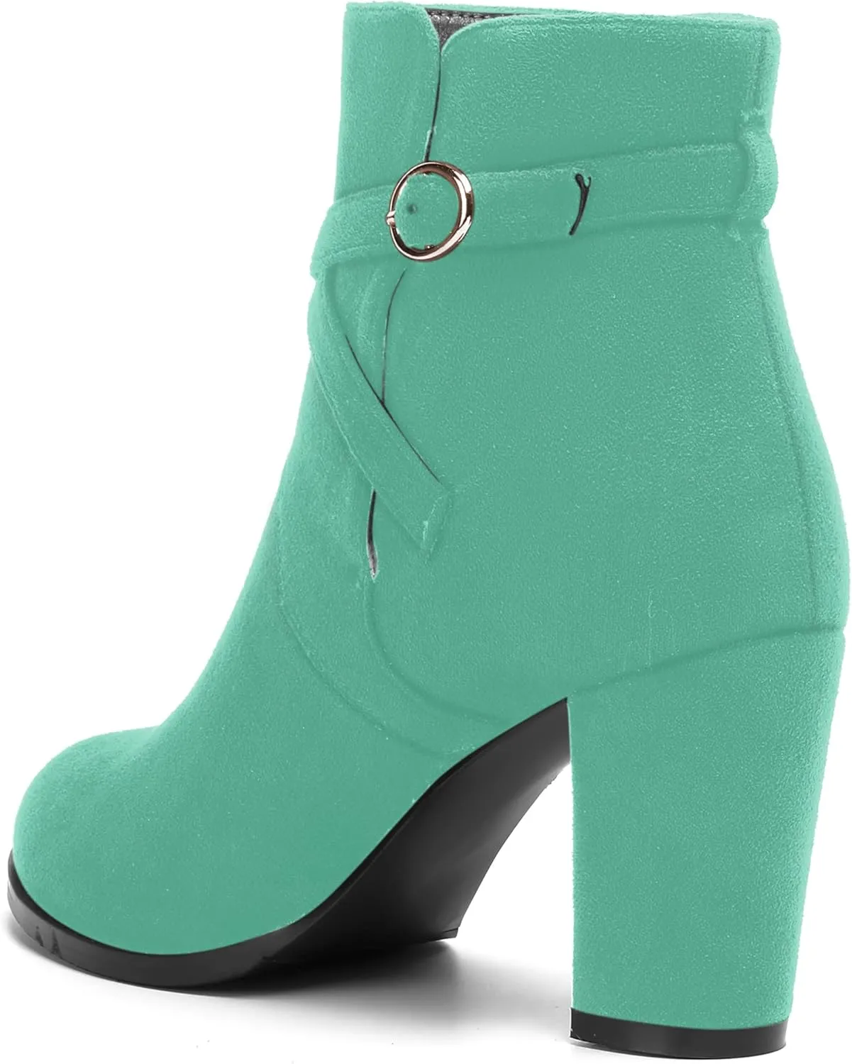 AMBELIGHT Womens Solid Round Toe Casual Buckle Booties Suede Chunky High Heel Ankle High Boots 3.3 Inch