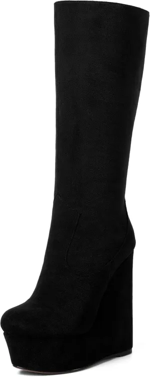 AMBELIGHT Womens Suede Party Platform Knee High Round Toe Zip Fashion Wedge High Heel Mid Calf Boots 6 Inch