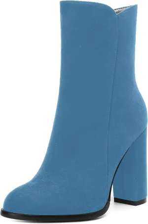AMBELIGHT Womens Suede Round Toe Dress Fashion Solid Zip Chunky High Heel Ankle High Boots 4 Inch