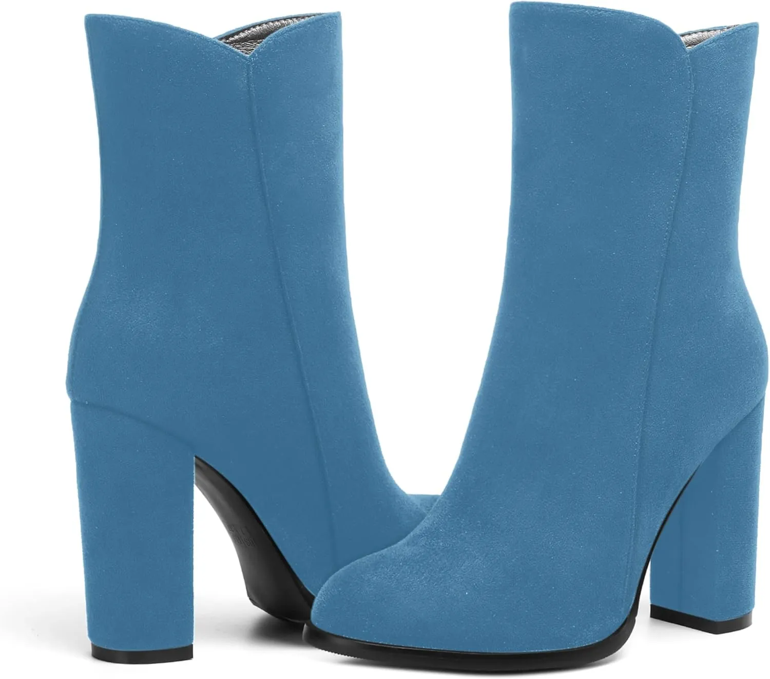 AMBELIGHT Womens Suede Round Toe Dress Fashion Solid Zip Chunky High Heel Ankle High Boots 4 Inch