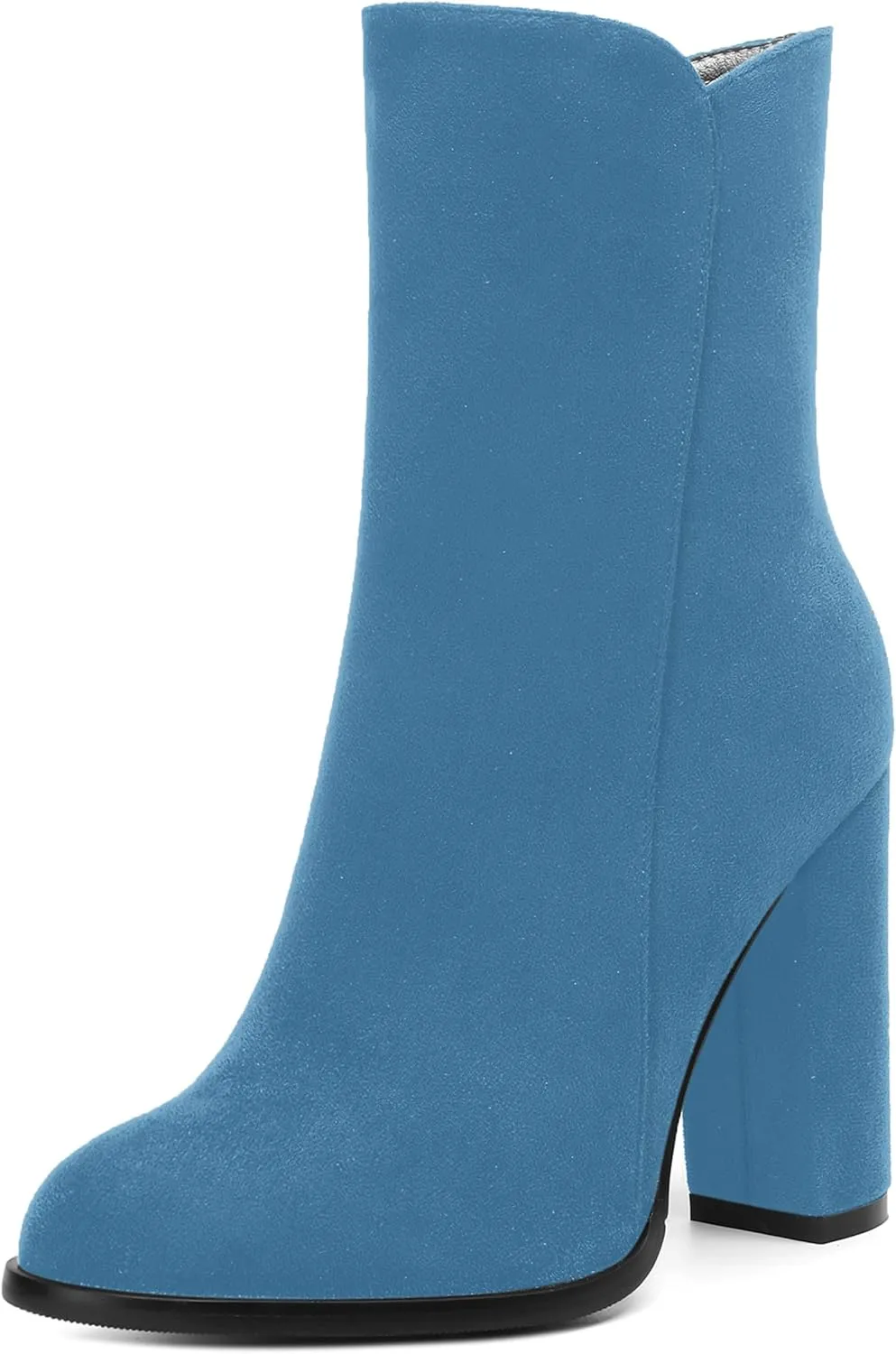 AMBELIGHT Womens Suede Round Toe Dress Fashion Solid Zip Chunky High Heel Ankle High Boots 4 Inch