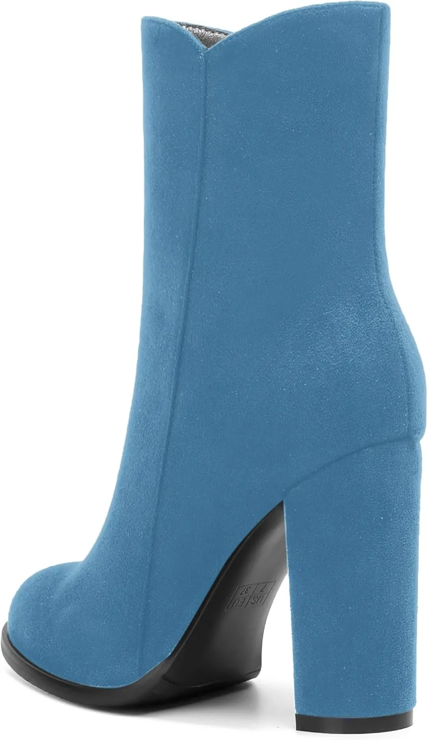 AMBELIGHT Womens Suede Round Toe Dress Fashion Solid Zip Chunky High Heel Ankle High Boots 4 Inch