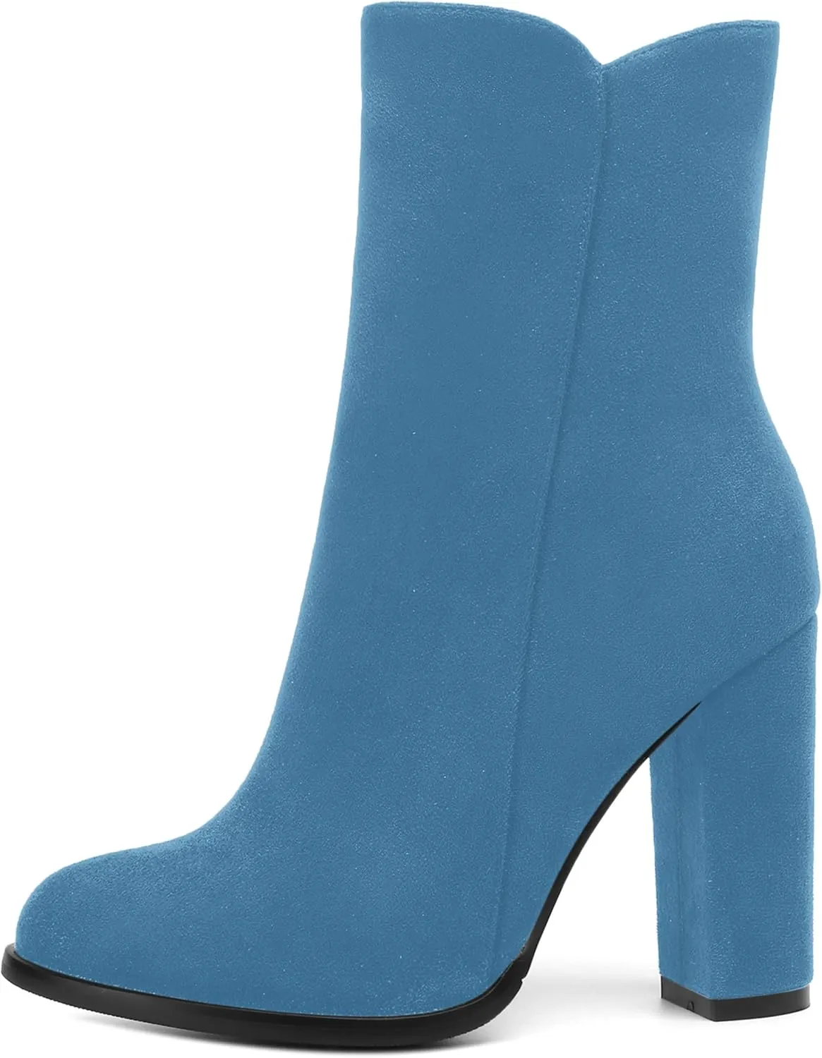 AMBELIGHT Womens Suede Round Toe Dress Fashion Solid Zip Chunky High Heel Ankle High Boots 4 Inch