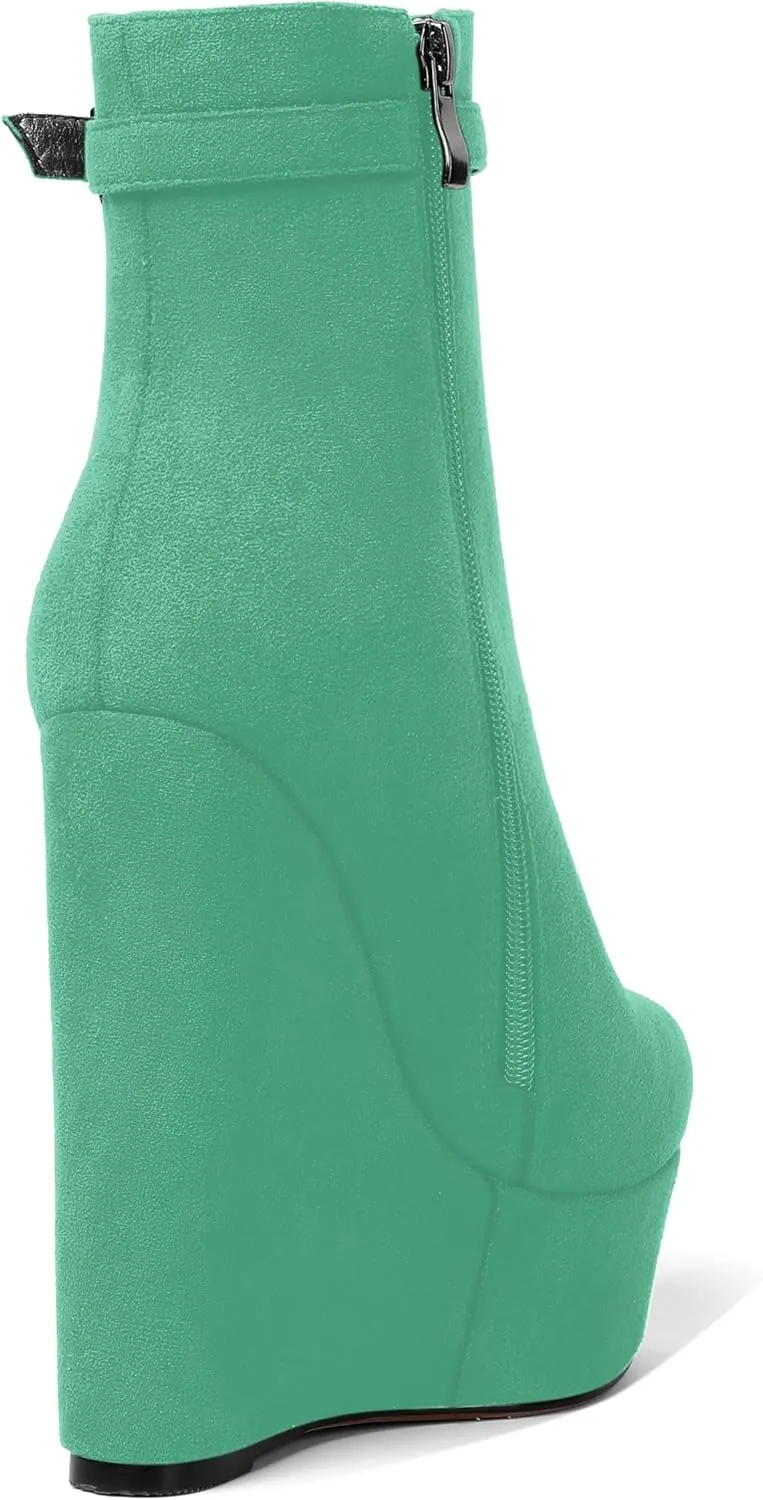 AMBELIGHT Womens Suede Zip Dress Platform Round Toe Solid Wedge High Heel Ankle High Boots 6 Inch