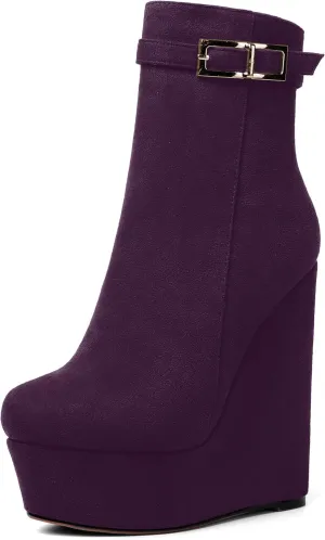 AMBELIGHT Womens Suede Zip Dress Platform Round Toe Solid Wedge High Heel Ankle High Boots 6 Inch