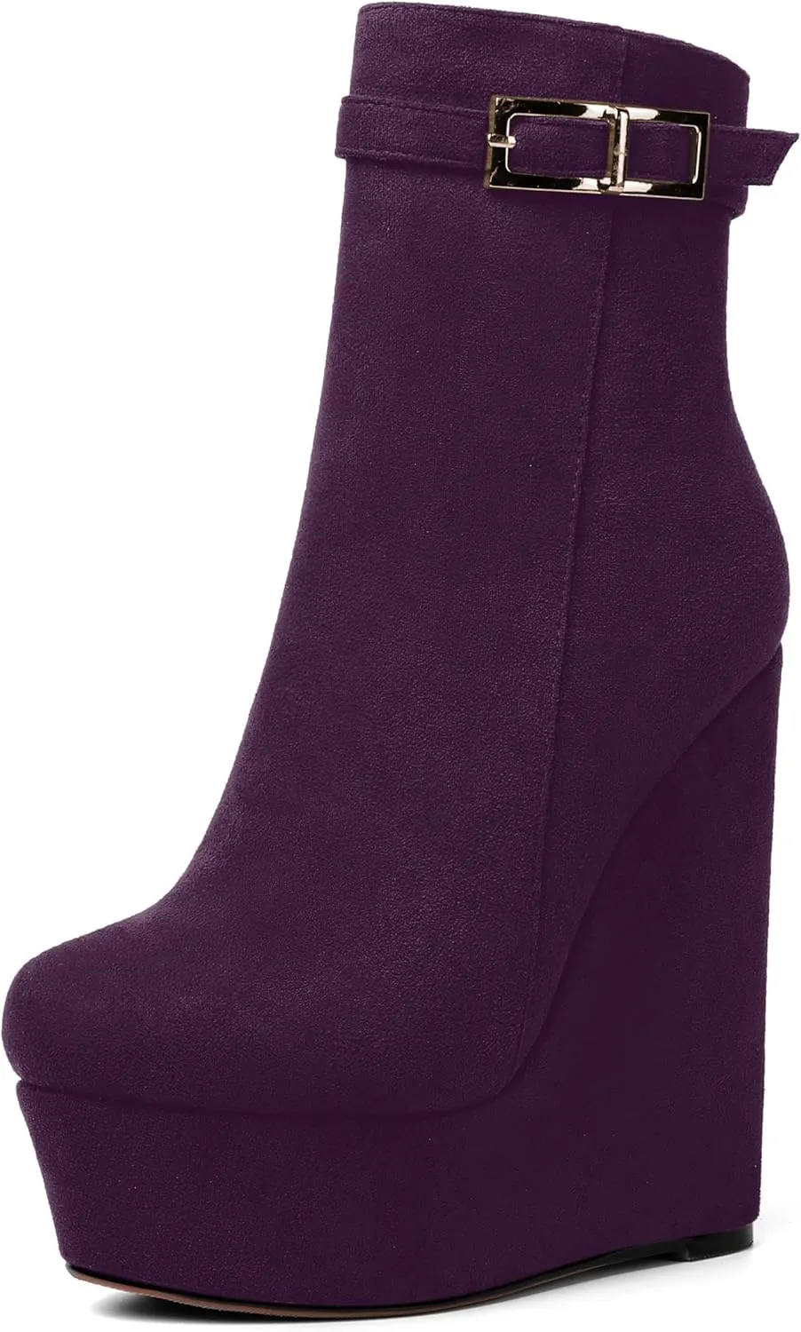 AMBELIGHT Womens Suede Zip Dress Platform Round Toe Solid Wedge High Heel Ankle High Boots 6 Inch
