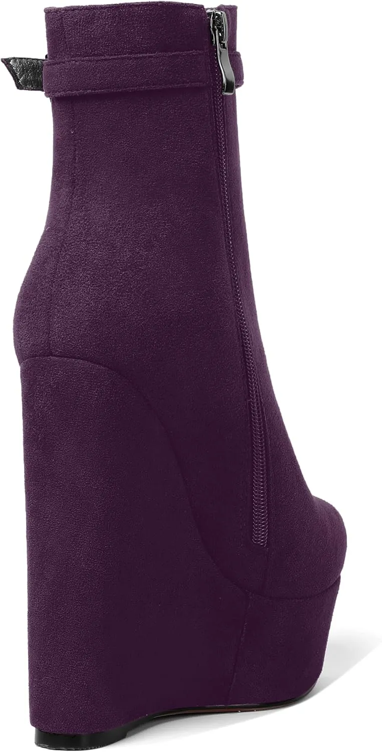 AMBELIGHT Womens Suede Zip Dress Platform Round Toe Solid Wedge High Heel Ankle High Boots 6 Inch