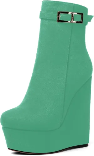 AMBELIGHT Womens Suede Zip Dress Platform Round Toe Solid Wedge High Heel Ankle High Boots 6 Inch