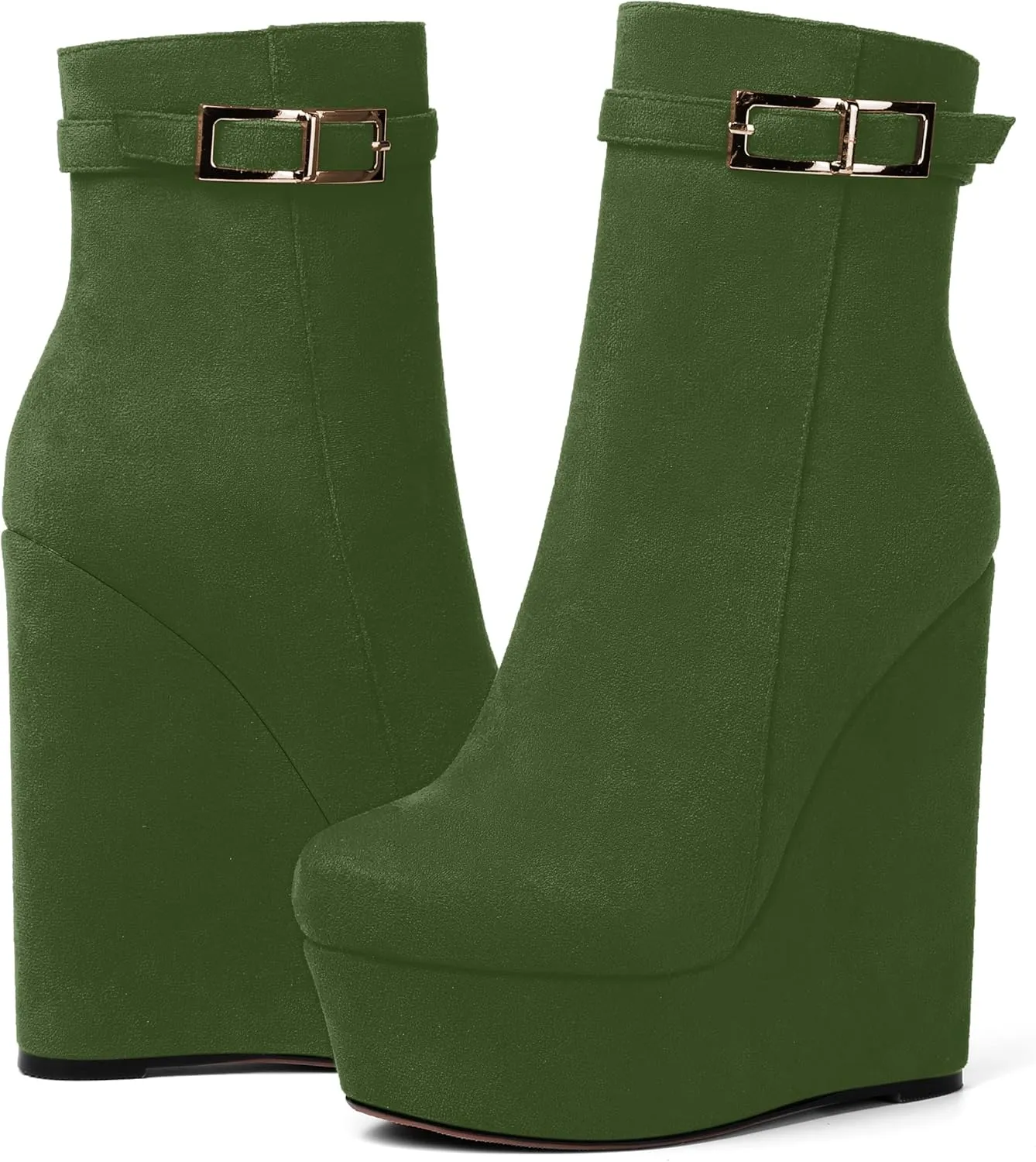 AMBELIGHT Womens Suede Zip Dress Platform Round Toe Solid Wedge High Heel Ankle High Boots 6 Inch