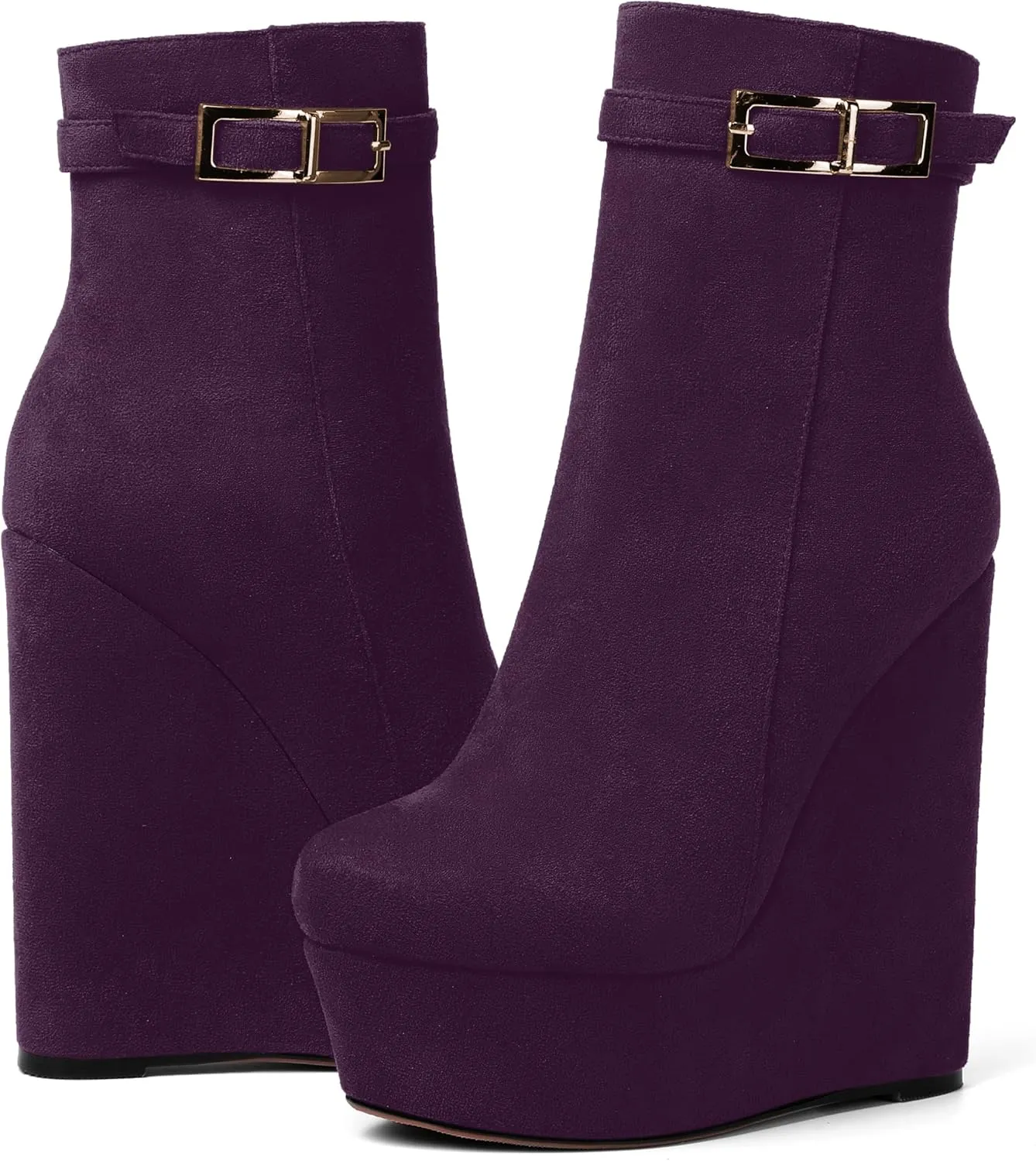 AMBELIGHT Womens Suede Zip Dress Platform Round Toe Solid Wedge High Heel Ankle High Boots 6 Inch