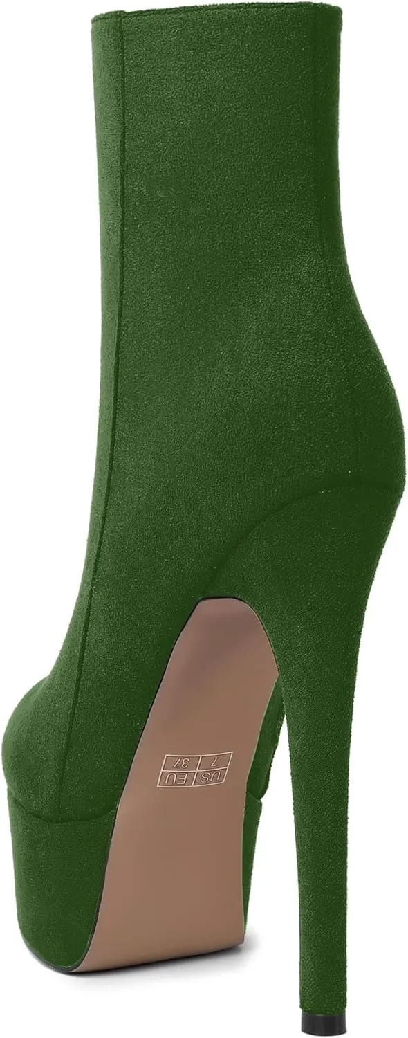 AMBELIGHT Women's Zip Sexy Platform Suede Round Toe Party Solid Stiletto High Heel Ankle High Boots 6 Inch