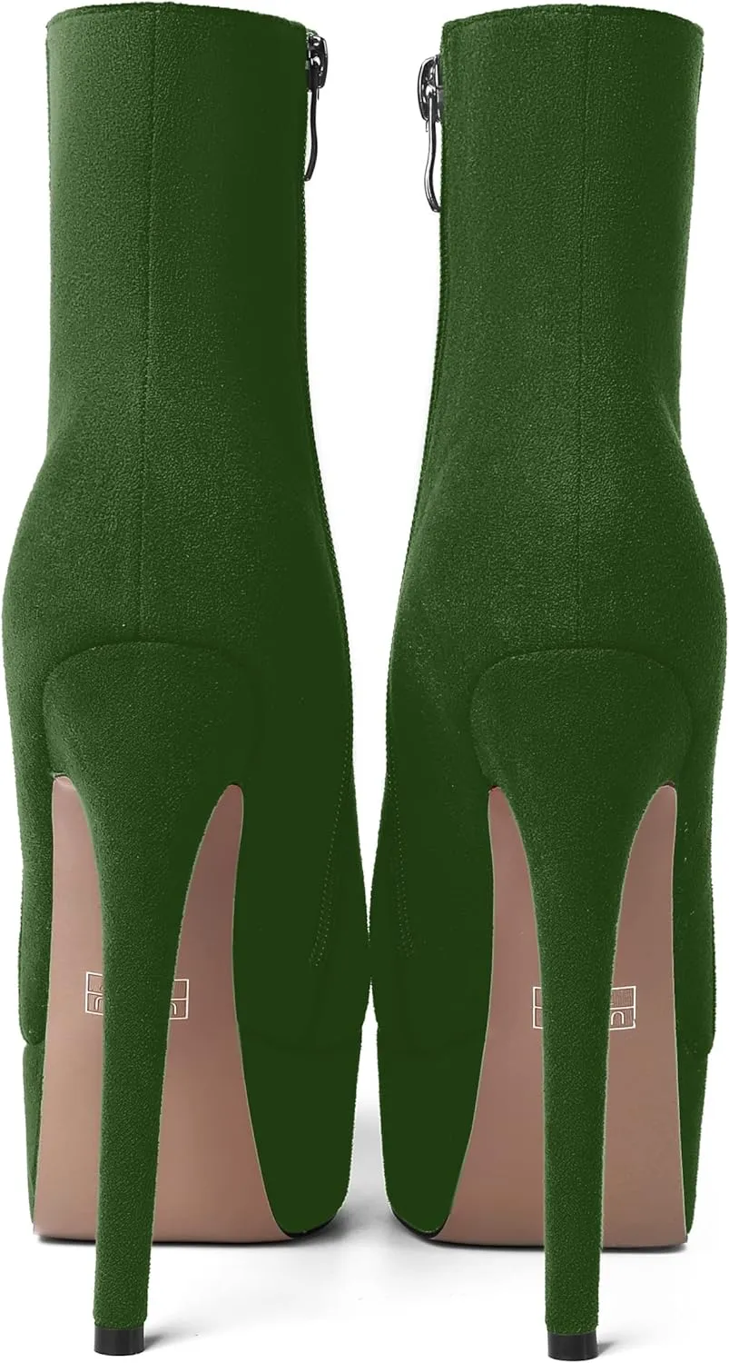 AMBELIGHT Women's Zip Sexy Platform Suede Round Toe Party Solid Stiletto High Heel Ankle High Boots 6 Inch