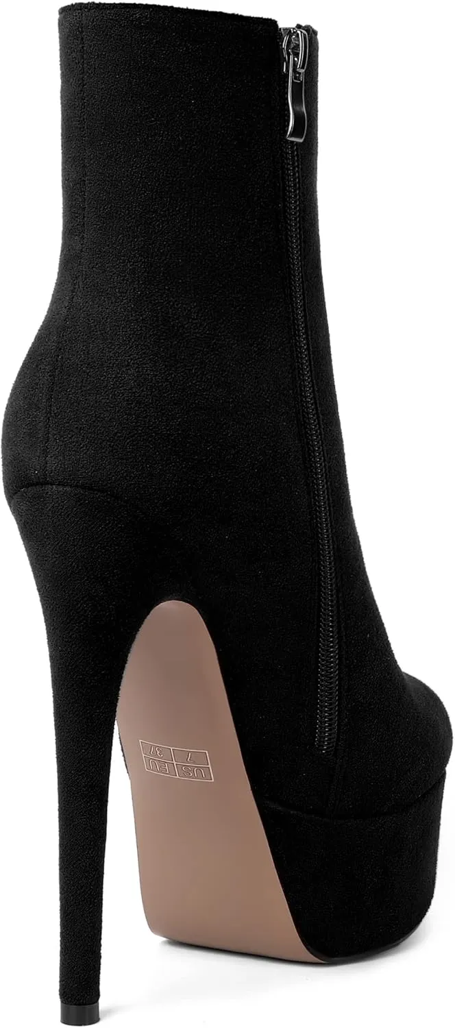 AMBELIGHT Women's Zip Sexy Platform Suede Round Toe Party Solid Stiletto High Heel Ankle High Boots 6 Inch