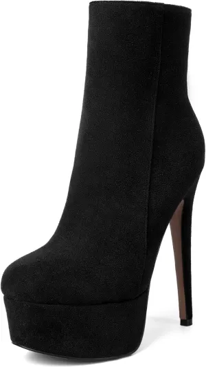 AMBELIGHT Women's Zip Sexy Platform Suede Round Toe Party Solid Stiletto High Heel Ankle High Boots 6 Inch