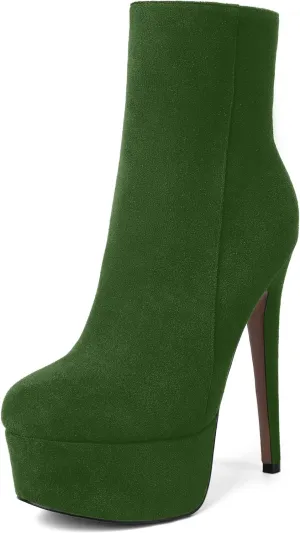 AMBELIGHT Women's Zip Sexy Platform Suede Round Toe Party Solid Stiletto High Heel Ankle High Boots 6 Inch