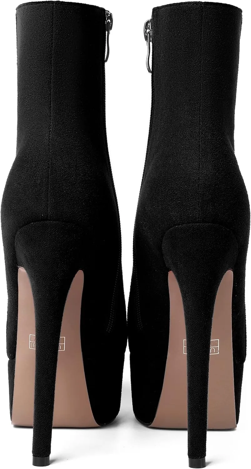 AMBELIGHT Women's Zip Sexy Platform Suede Round Toe Party Solid Stiletto High Heel Ankle High Boots 6 Inch