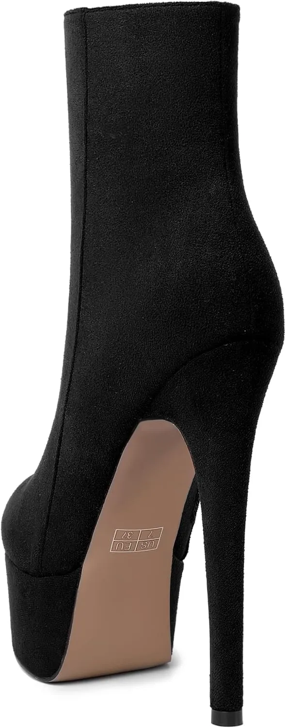 AMBELIGHT Women's Zip Sexy Platform Suede Round Toe Party Solid Stiletto High Heel Ankle High Boots 6 Inch