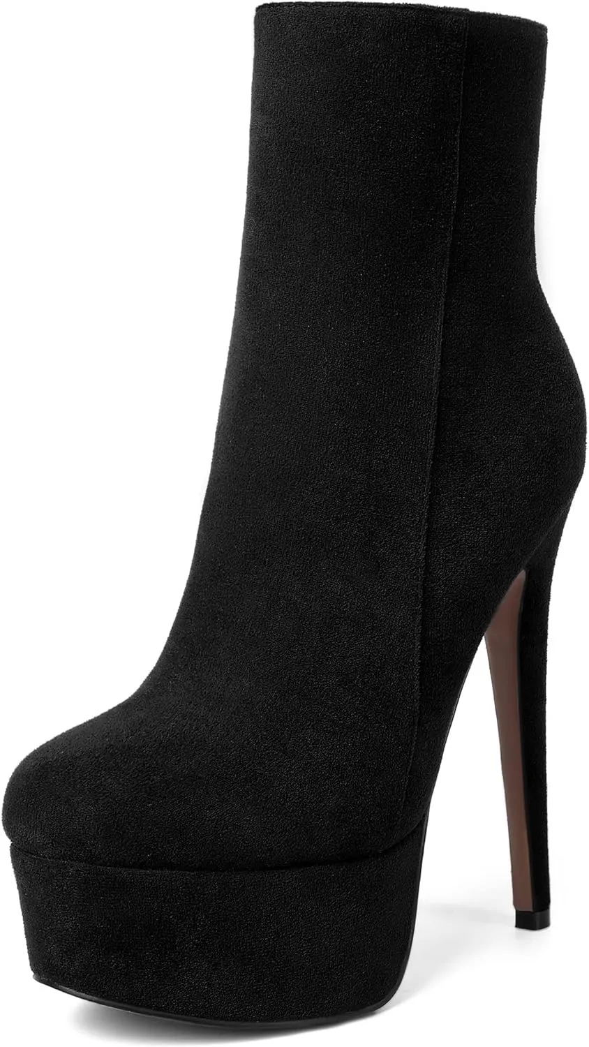 AMBELIGHT Women's Zip Sexy Platform Suede Round Toe Party Solid Stiletto High Heel Ankle High Boots 6 Inch
