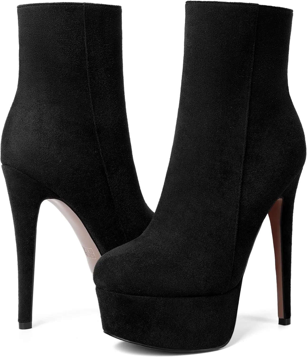 AMBELIGHT Women's Zip Sexy Platform Suede Round Toe Party Solid Stiletto High Heel Ankle High Boots 6 Inch