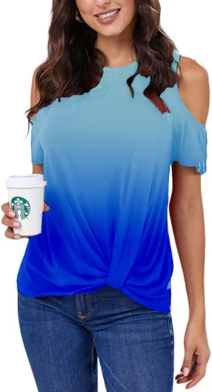 ANCAPELION Women’s Cold Shoulder Shirt Short Sleeve Round Neck T-Shirt Knot Twist Tee Blouse Casual Tops for Women