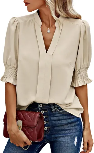 Angashion Women Tops Short Sleeve - Summer Casual V Neck Solid Color Flowy Trendy Tunic Blouses Shirt
