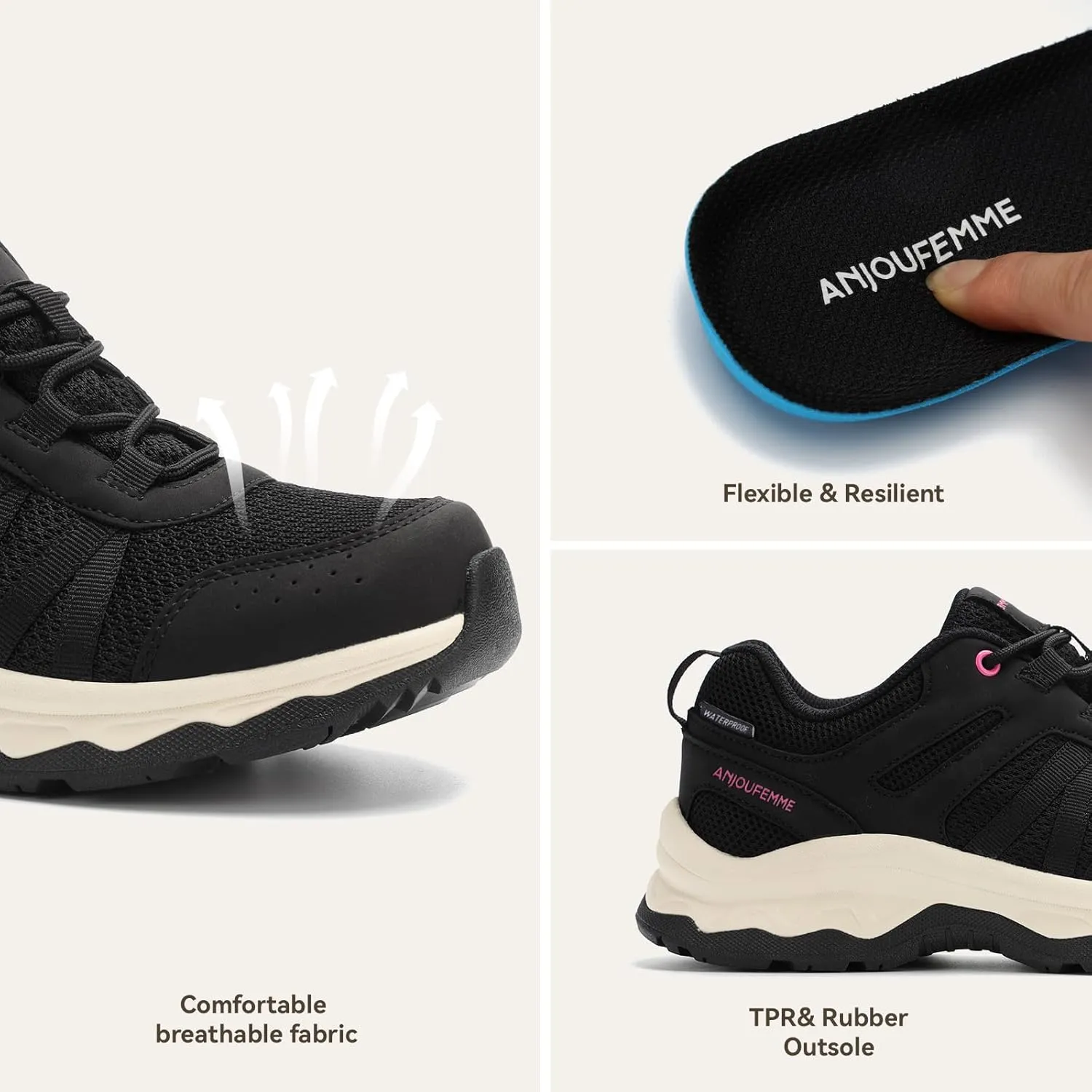 ANJOUFEMME Women's Waterproof Hiking Shoes Non Slip Sneakers Lightweight Tennis Shoes for Work Walking Running Trekking Trail Shoes