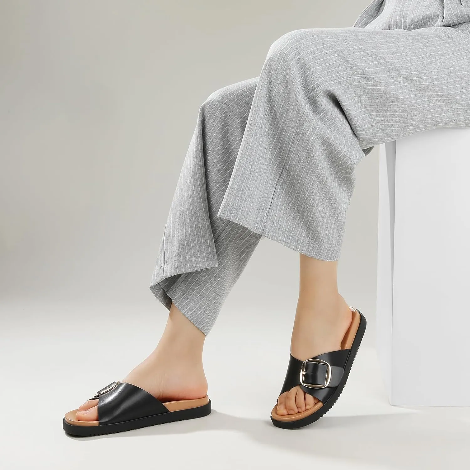 Ankis Brown Black White Flat Sandals for Women 2025,Wide Width Leather Sandals for Women Comfortable Dressy,Womens Summer Beach Sandals with Adjustable Strap and Buckle