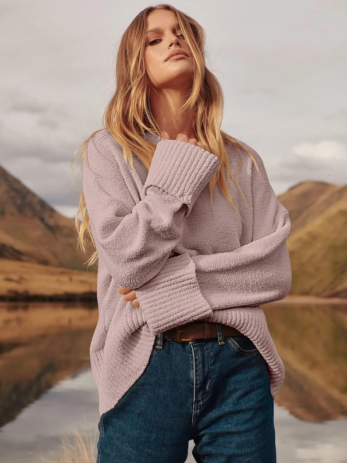 ANRABESS Women's Oversized Crewneck Long Sleeve Fuzzy Knit Casual Chunky Warm 2025 Fall Pullover Sweaters Top Trendy Outfits