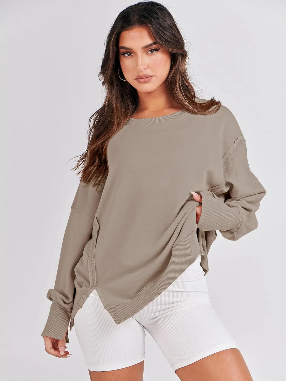 ANRABESS Women's Oversized Sweatshirts Crew Neck Long Sleeve Shirts Casual Loose Slit 2025 Fall Clothes