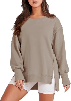 ANRABESS Women's Oversized Sweatshirts Crew Neck Long Sleeve Shirts Casual Loose Slit 2025 Fall Clothes
