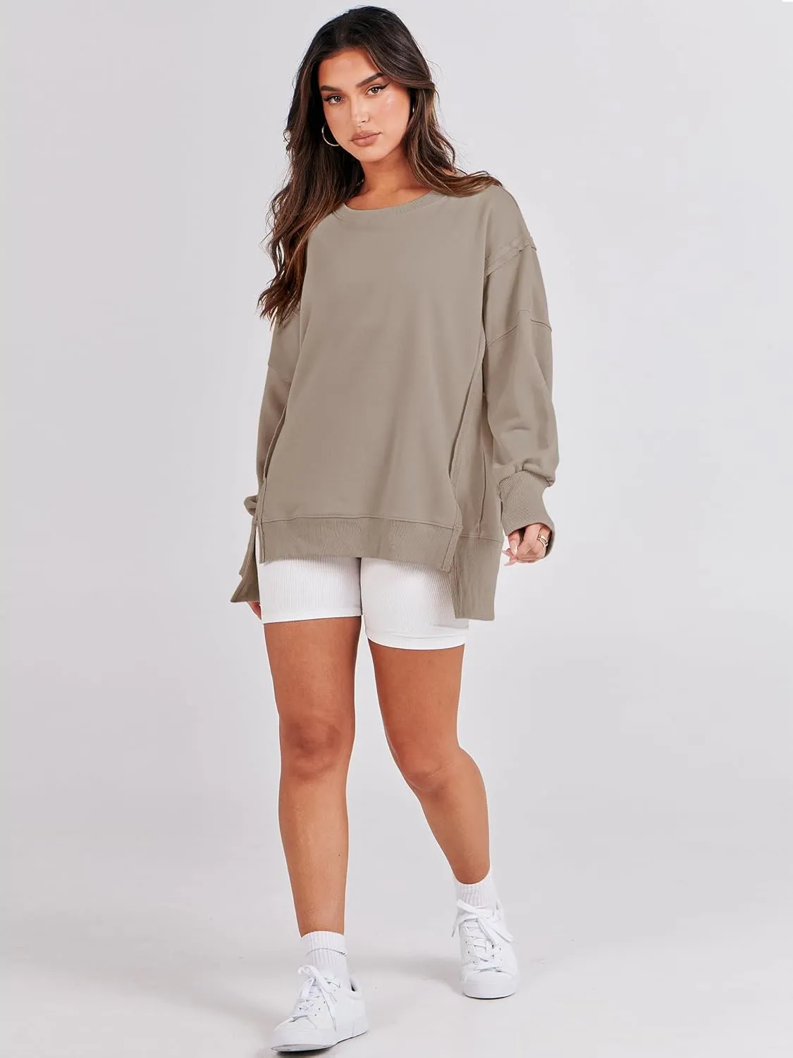 ANRABESS Women's Oversized Sweatshirts Crew Neck Long Sleeve Shirts Casual Loose Slit 2025 Fall Clothes