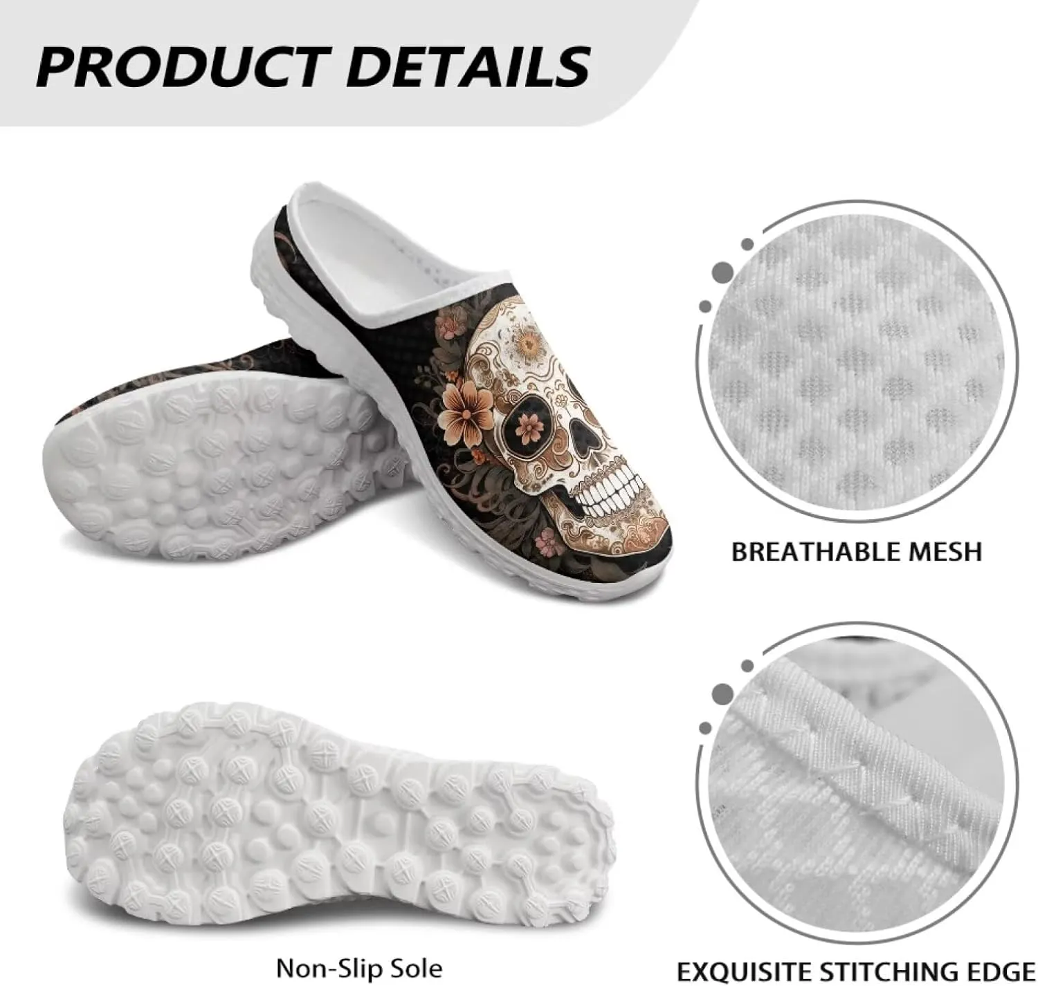 Art Skull Design Women Mesh Mules Memory Foam Flat Anti-Slip Fashion Sneakers Comfortable Slip-On Mule Garden Shoes