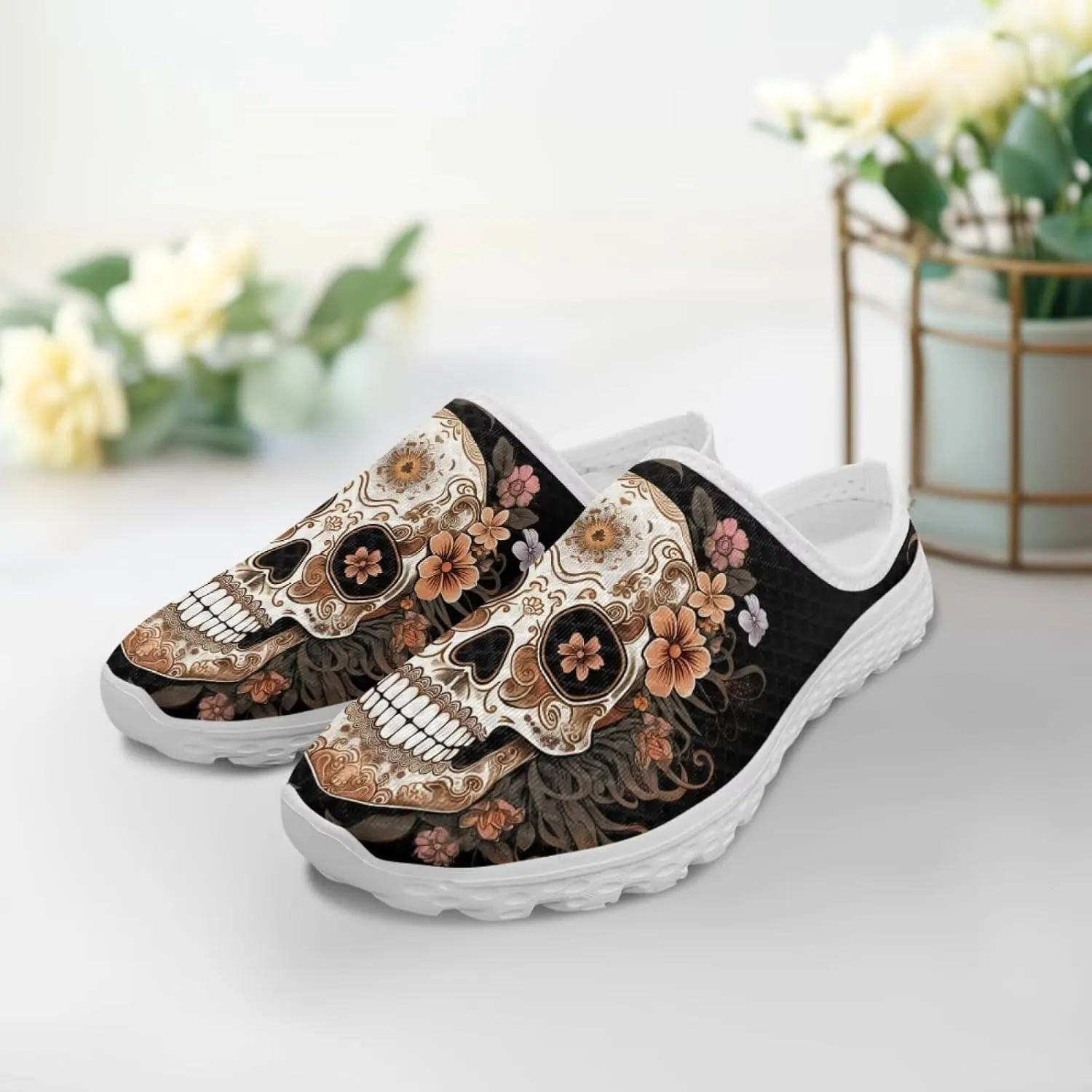 Art Skull Design Women Mesh Mules Memory Foam Flat Anti-Slip Fashion Sneakers Comfortable Slip-On Mule Garden Shoes