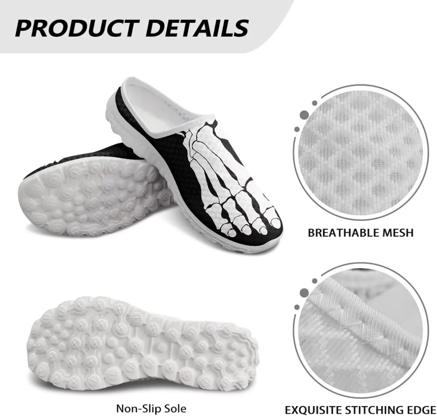 Art Skull Design Women Mesh Mules Memory Foam Flat Anti-Slip Fashion Sneakers Comfortable Slip-On Mule Garden Shoes