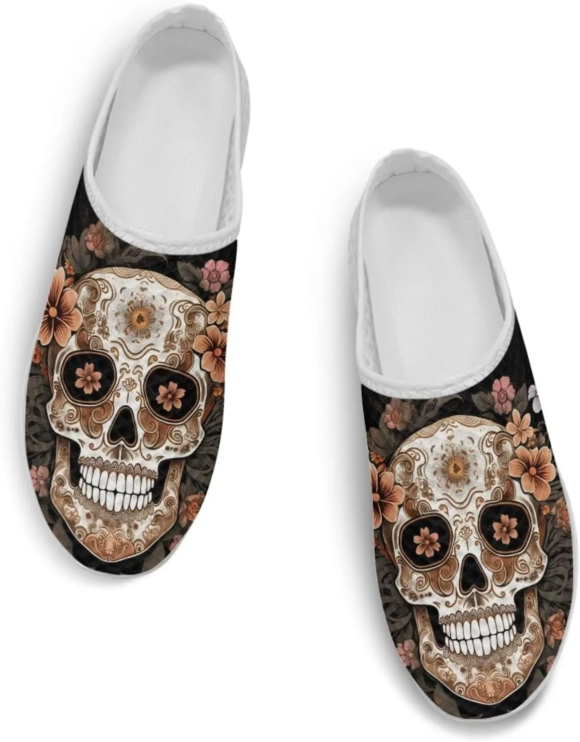 Art Skull Design Women Mesh Mules Memory Foam Flat Anti-Slip Fashion Sneakers Comfortable Slip-On Mule Garden Shoes