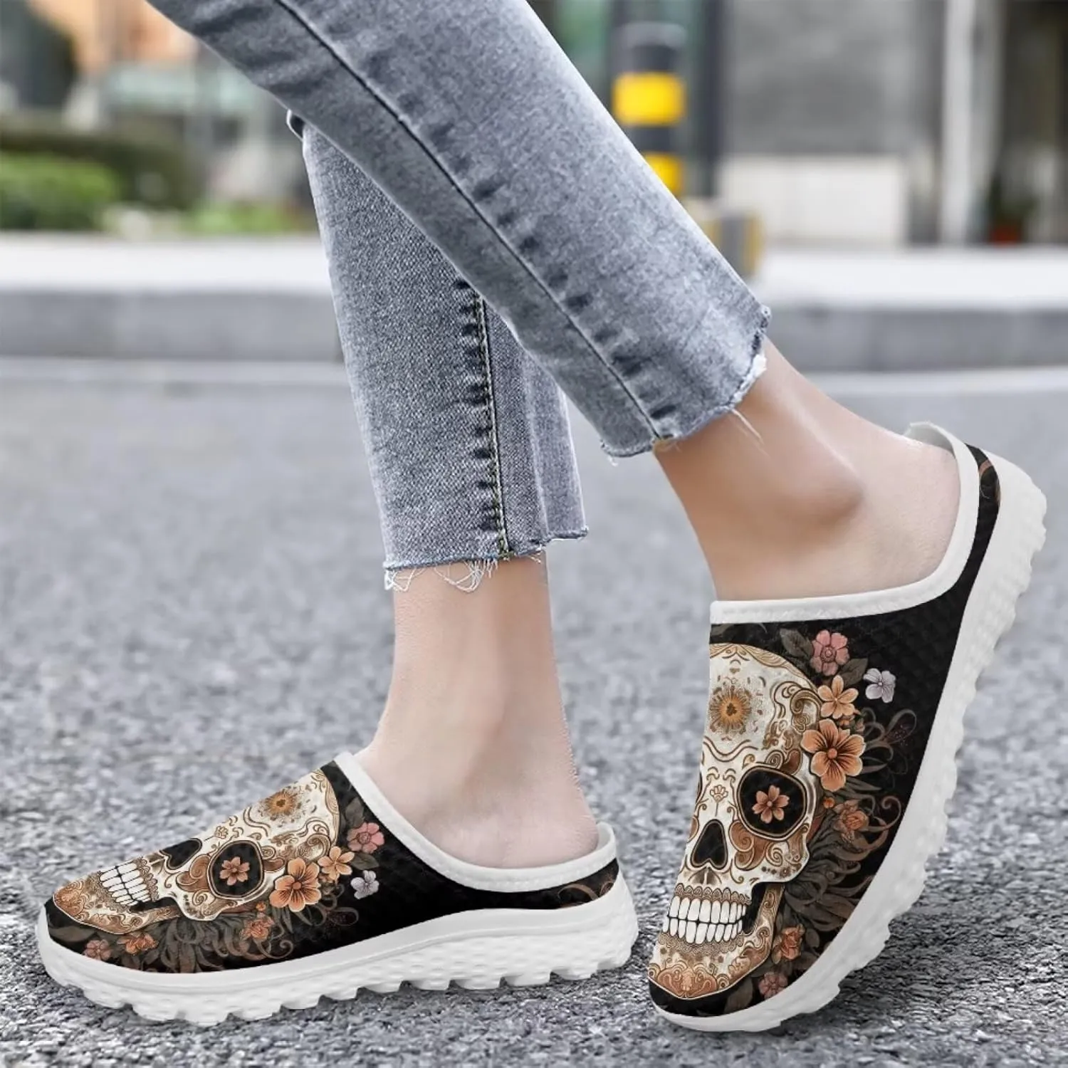 Art Skull Design Women Mesh Mules Memory Foam Flat Anti-Slip Fashion Sneakers Comfortable Slip-On Mule Garden Shoes