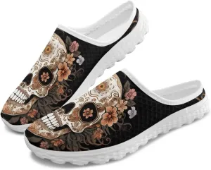 Art Skull Design Women Mesh Mules Memory Foam Flat Anti-Slip Fashion Sneakers Comfortable Slip-On Mule Garden Shoes