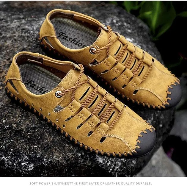 Asifn Men's Sports Sandals Outdoor Leather Casual Breathable Walking Shoes Business Summer with Closed Toe