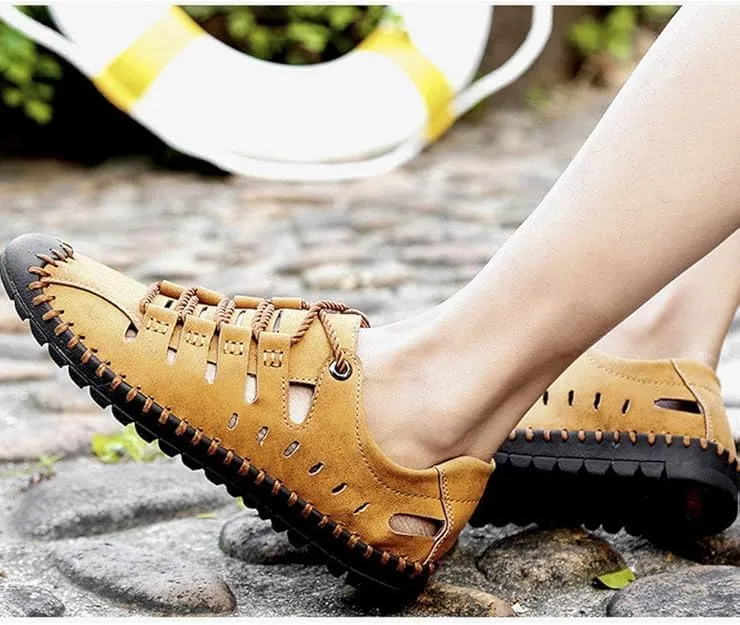 Asifn Men's Sports Sandals Outdoor Leather Casual Breathable Walking Shoes Business Summer with Closed Toe
